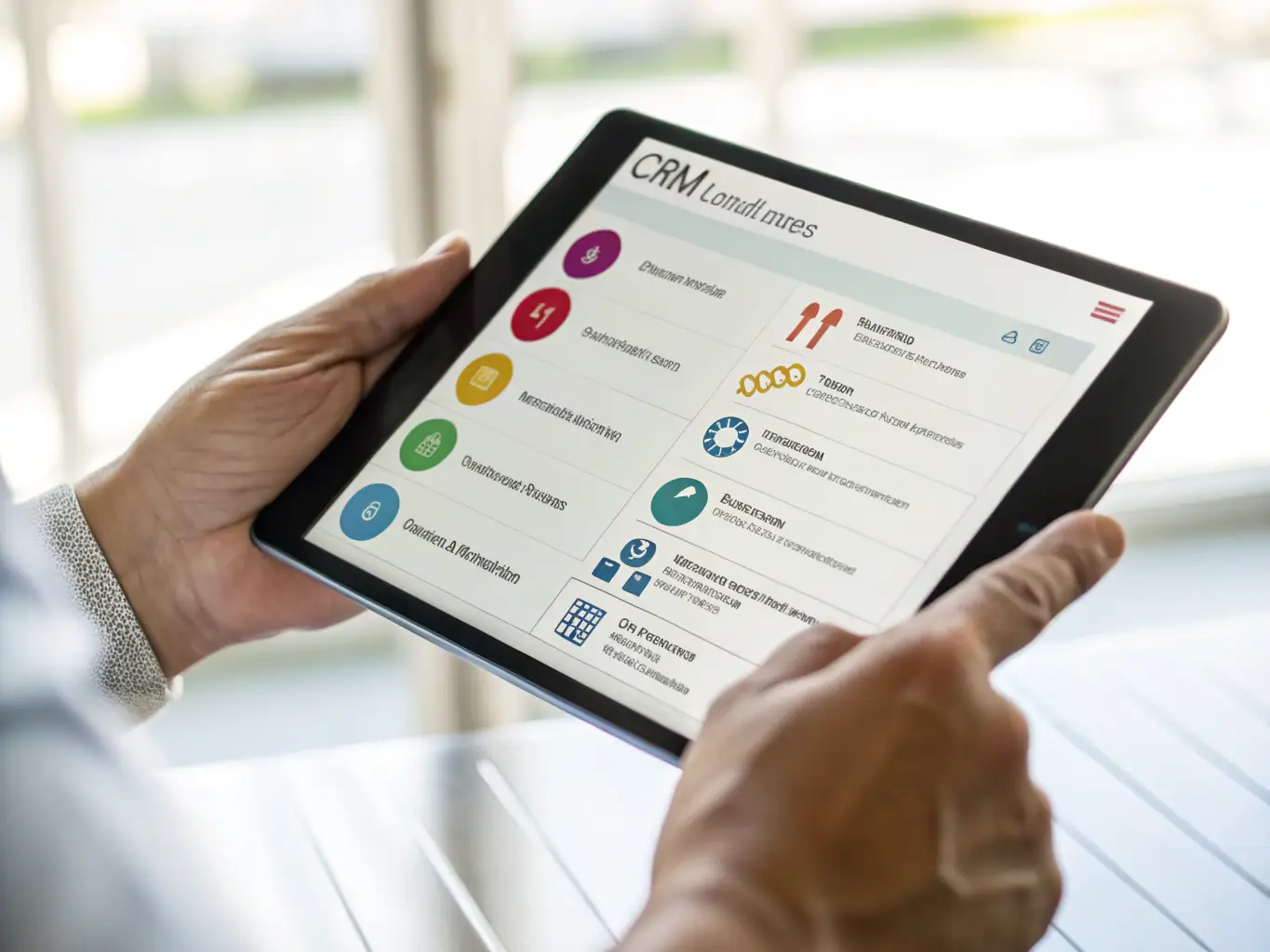 A close-up shot of a hand selecting a CRM software option from a tablet, highlighting the ease and accessibility of choosing the right CRM solution.