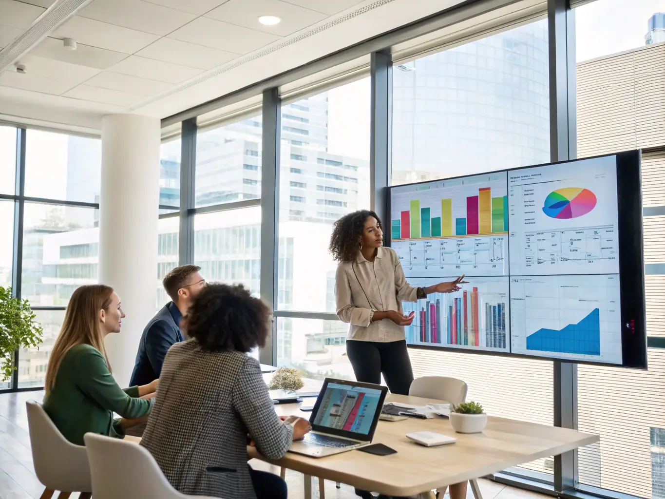 A brightly lit office scene with a diverse team collaborating around a large monitor displaying a CRM dashboard, emphasizing teamwork and data-driven decision-making.